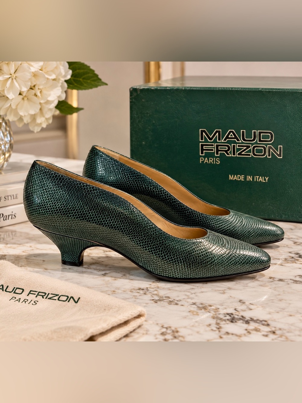 Maud Frizon Paris Vintage Green Reptile Leather Pumps Kitten Heel Italy EU 36.5